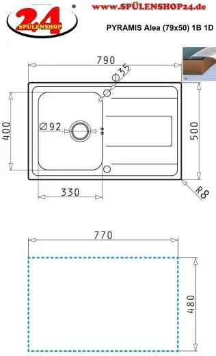 PYRAMIS Kchensple Alea (79x50) 1B 1D Einbausple / Edelstahlsple Siebkorb als Drehknopfventil