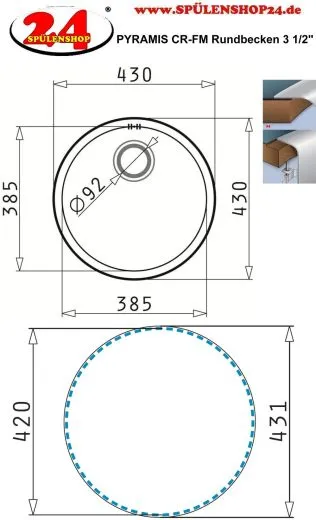 Pyramis Kchensple CR-Rundbecken (38,5x15) Edelstahlsple / Flchenbndig Siebkorb als Stopfenventil 3 1/2"