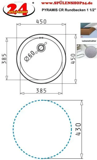 PYRAMIS Kchensple CR-Rundbecken (38,5x15) Einbausple / Edelstahlsple Leinenoptik Ablauf mit Gummistopfen 1 1/2"