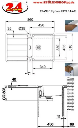 FRANKE Kchensple Hydros HDX 214 Edelstahlsple Slimtop / Flchenbndig mit Integralablauf und Druckknopfventil