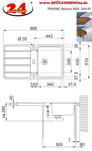 FRANKE Kchensple Hydros HDX 284 Edelstahlssple Slimtop / Flchenbndig mit Integralablauf und Druckknopfventil