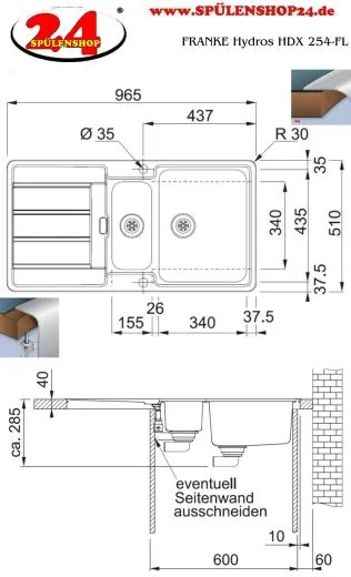 FRANKE Kchensple Hydros HDX 254 Edelstahlsple Slimtop / Flchenbndig mit Integralablauf und Druckknopfventil