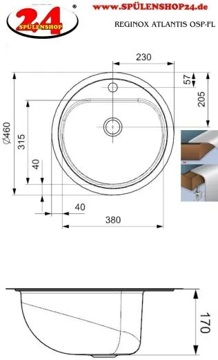 REGINOX Waschbecken Aqua Line Atlantis (L) OSP Einbaubecken Edelstahl flchenbndig mit Flachrand und Hahnlochbank