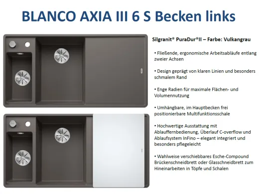 BLANCO Axia III 6 S GSB (Glasschneidbrett) Silgranit PuraDurII Granitsple / Einbausple Ablaufsystem InFino mit Drehknopfventil
