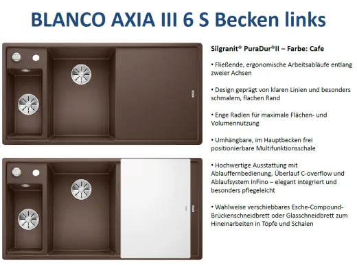 BLANCO Axia III 6 S GSB (Glasschneidbrett) Silgranit PuraDurII Granitsple / Einbausple Ablaufsystem InFino mit Drehknopfventil