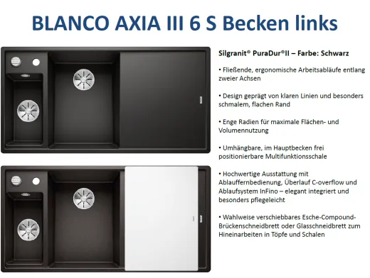 BLANCO Axia III 6 S GSB (Glasschneidbrett) Silgranit PuraDurII Granitsple / Einbausple Ablaufsystem InFino mit Drehknopfventil