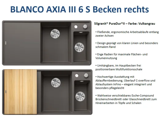 BLANCO Axia III 6 S HSB (Holzschneidbrett) Silgranit PuraDurII Granitsple / Einbausple Ablaufsystem InFino mit Drehknopfventil