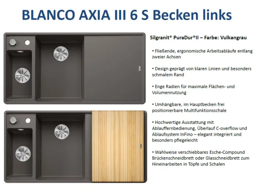BLANCO Axia III 6 S HSB (Holzschneidbrett) Silgranit PuraDurII Granitsple / Einbausple Ablaufsystem InFino mit Drehknopfventil