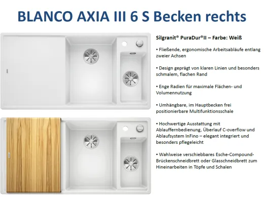 BLANCO Axia III 6 S HSB (Holzschneidbrett) Silgranit PuraDurII Granitsple / Einbausple Ablaufsystem InFino mit Drehknopfventil