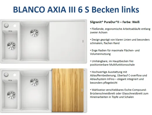 BLANCO Axia III 6 S HSB (Holzschneidbrett) Silgranit PuraDurII Granitsple / Einbausple Ablaufsystem InFino mit Drehknopfventil