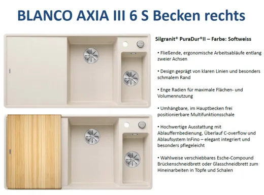 BLANCO Axia III 6 S HSB (Holzschneidbrett) Silgranit PuraDurII Granitsple / Einbausple Ablaufsystem InFino mit Drehknopfventil