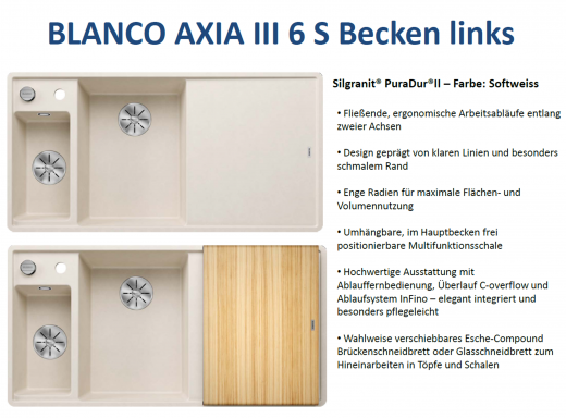 BLANCO Axia III 6 S HSB (Holzschneidbrett) Silgranit PuraDurII Granitsple / Einbausple Ablaufsystem InFino mit Drehknopfventil