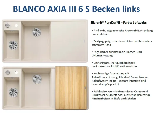 BLANCO Axia III 6 S HSB (Holzschneidbrett) Silgranit PuraDurII Granitsple / Einbausple Ablaufsystem InFino mit Drehknopfventil