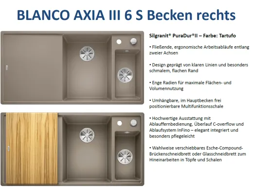 BLANCO Axia III 6 S HSB (Holzschneidbrett) Silgranit PuraDurII Granitsple / Einbausple Ablaufsystem InFino mit Drehknopfventil