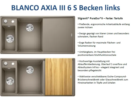BLANCO Axia III 6 S HSB (Holzschneidbrett) Silgranit PuraDurII Granitsple / Einbausple Ablaufsystem InFino mit Drehknopfventil