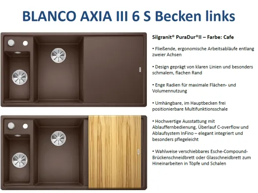 BLANCO Axia III 6 S HSB (Holzschneidbrett) Silgranit PuraDurII Granitsple / Einbausple Ablaufsystem InFino mit Drehknopfventil