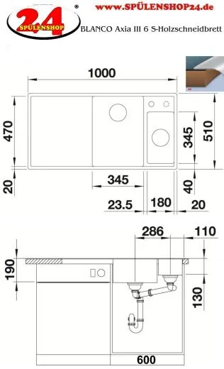 BLANCO Axia III 6 S HSB (Holzschneidbrett) Silgranit PuraDurII Granitsple / Einbausple Ablaufsystem InFino mit Drehknopfventil