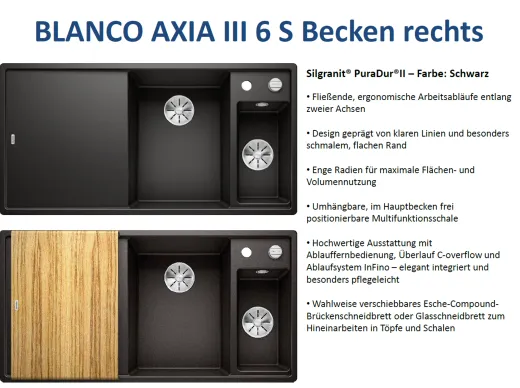 BLANCO Axia III 6 S HSB (Holzschneidbrett) Silgranit PuraDurII Granitsple / Einbausple Ablaufsystem InFino mit Drehknopfventil