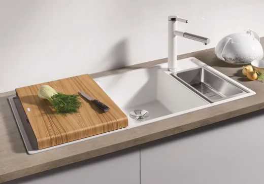 BLANCO Axia III 6 S HSB (Holzschneidbrett) Silgranit PuraDurII Granitsple / Einbausple Ablaufsystem InFino mit Drehknopfventil