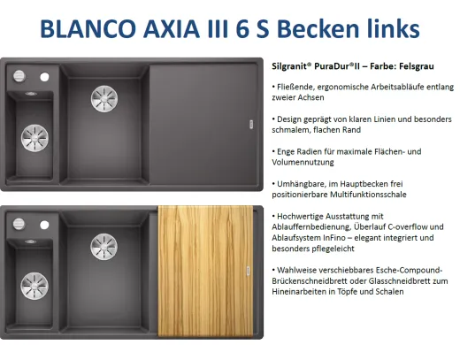BLANCO Axia III 6 S HSB (Holzschneidbrett) Silgranit PuraDurII Granitsple / Einbausple Ablaufsystem InFino mit Drehknopfventil