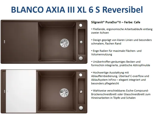 BLANCO Axia III XL 6 S GSB (Glasschneidbrett) Silgranit PuraDurII Granitsple / Einbausple Ablaufsystem InFino mit Drehknopfventil