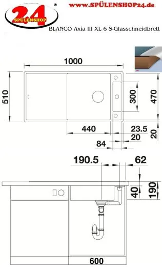 BLANCO Axia III XL 6 S GSB (Glasschneidbrett) Silgranit PuraDurII Granitsple / Einbausple Ablaufsystem InFino mit Drehknopfventil