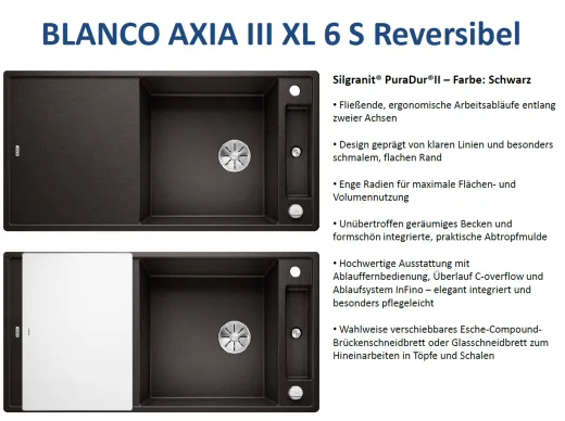 BLANCO Axia III XL 6 S GSB (Glasschneidbrett) Silgranit PuraDurII Granitsple / Einbausple Ablaufsystem InFino mit Drehknopfventil