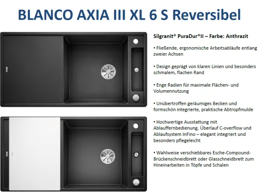 BLANCO Axia III XL 6 S GSB (Glasschneidbrett) Silgranit PuraDurII Granitsple / Einbausple Ablaufsystem InFino mit Drehknopfventil