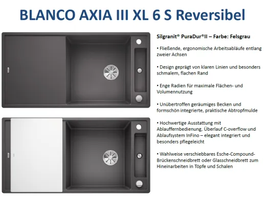 BLANCO Axia III XL 6 S GSB (Glasschneidbrett) Silgranit PuraDurII Granitsple / Einbausple Ablaufsystem InFino mit Drehknopfventil