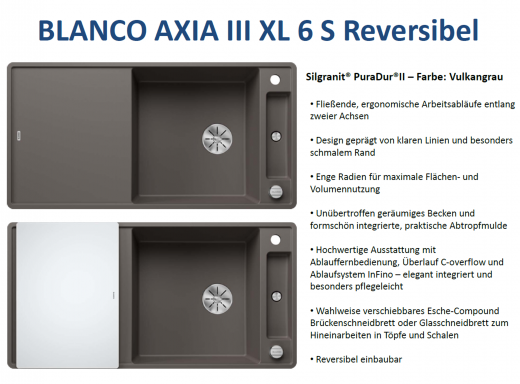 BLANCO Axia III XL 6 S GSB (Glasschneidbrett) Silgranit PuraDurII Granitsple / Einbausple Ablaufsystem InFino mit Drehknopfventil