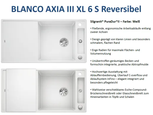 BLANCO Axia III XL 6 S GSB (Glasschneidbrett) Silgranit PuraDurII Granitsple / Einbausple Ablaufsystem InFino mit Drehknopfventil