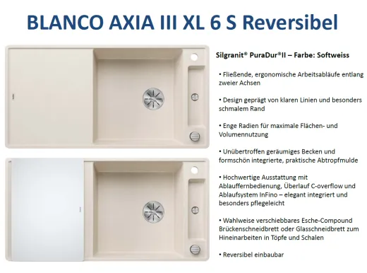 BLANCO Axia III XL 6 S GSB (Glasschneidbrett) Silgranit PuraDurII Granitsple / Einbausple Ablaufsystem InFino mit Drehknopfventil