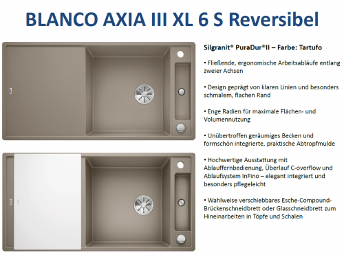 BLANCO Axia III XL 6 S GSB (Glasschneidbrett) Silgranit PuraDurII Granitsple / Einbausple Ablaufsystem InFino mit Drehknopfventil