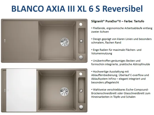 BLANCO Axia III XL 6 S GSB (Glasschneidbrett) Silgranit PuraDurII Granitsple / Einbausple Ablaufsystem InFino mit Drehknopfventil