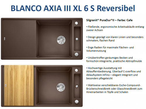 BLANCO Axia III XL 6 S HSB (Holzschneidbrett) Silgranit PuraDurII Granitsple / Einbausple Ablaufsystem InFino mit Drehknopfventil