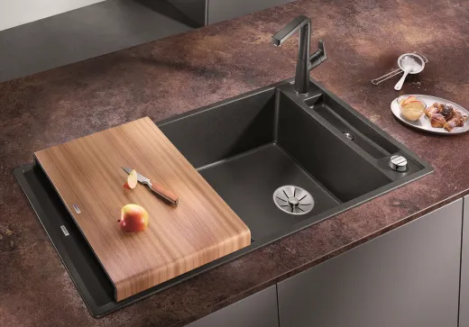 BLANCO Axia III XL 6 S HSB (Holzschneidbrett) Silgranit PuraDurII Granitsple / Einbausple Ablaufsystem InFino mit Drehknopfventil