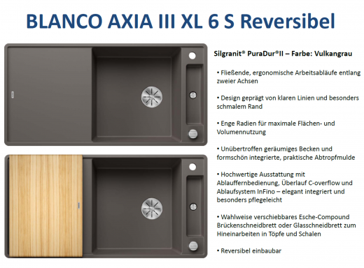 BLANCO Axia III XL 6 S HSB (Holzschneidbrett) Silgranit PuraDurII Granitsple / Einbausple Ablaufsystem InFino mit Drehknopfventil