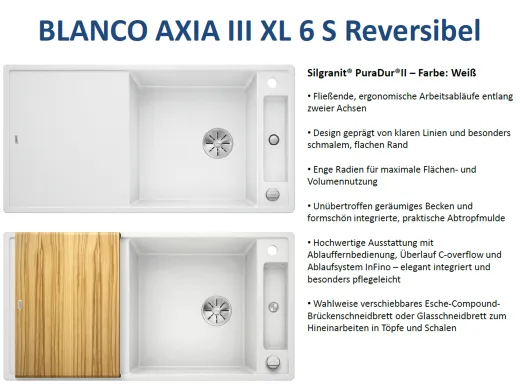 BLANCO Axia III XL 6 S HSB (Holzschneidbrett) Silgranit PuraDurII Granitsple / Einbausple Ablaufsystem InFino mit Drehknopfventil