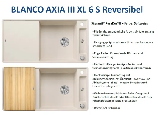 BLANCO Axia III XL 6 S HSB (Holzschneidbrett) Silgranit PuraDurII Granitsple / Einbausple Ablaufsystem InFino mit Drehknopfventil
