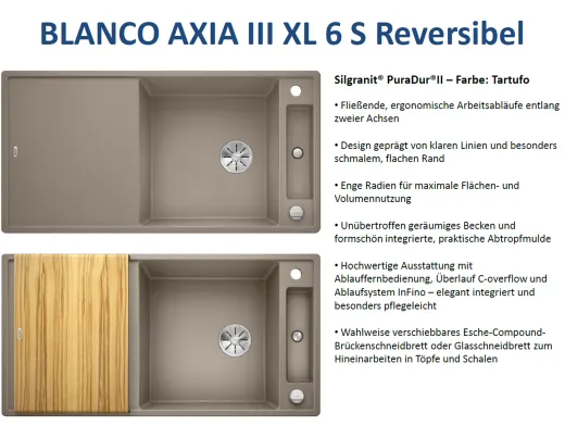 BLANCO Axia III XL 6 S HSB (Holzschneidbrett) Silgranit PuraDurII Granitsple / Einbausple Ablaufsystem InFino mit Drehknopfventil