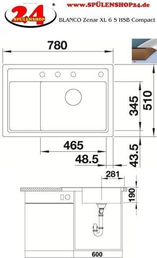 BLANCO Zenar XL 6 S Compact Silgranit PuraDurII Granitsple / Einbausple InFino mit Drehknopfventil