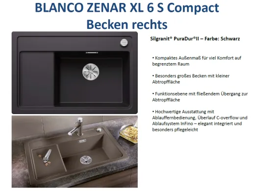 BLANCO Zenar XL 6 S Compact Silgranit PuraDurII Granitsple / Einbausple InFino mit Drehknopfventil