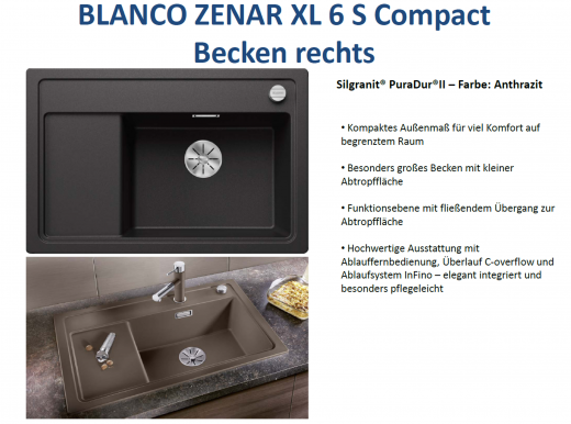 BLANCO Zenar XL 6 S Compact Silgranit PuraDurII Granitsple / Einbausple InFino mit Drehknopfventil