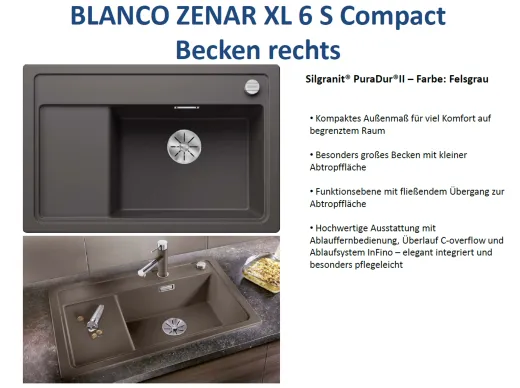 BLANCO Zenar XL 6 S Compact Silgranit PuraDurII Granitsple / Einbausple InFino mit Drehknopfventil