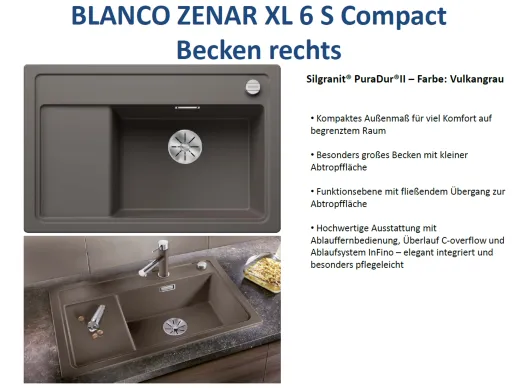BLANCO Zenar XL 6 S Compact Silgranit PuraDurII Granitsple / Einbausple InFino mit Drehknopfventil