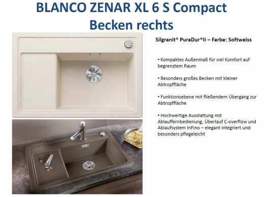 BLANCO Zenar XL 6 S Compact Silgranit PuraDurII Granitsple / Einbausple InFino mit Drehknopfventil
