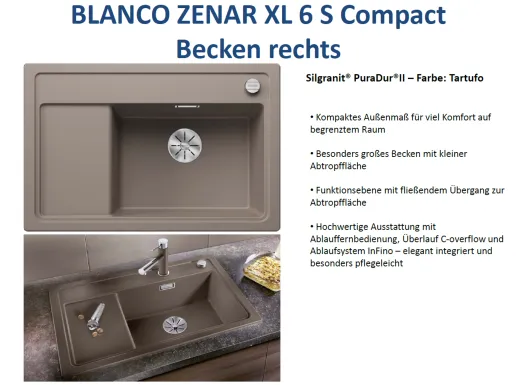 BLANCO Zenar XL 6 S Compact Silgranit PuraDurII Granitsple / Einbausple InFino mit Drehknopfventil