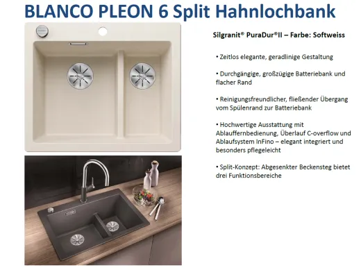 ❎ BLANCO Kchensple Pleon 6 Split Silgranit PuraDurII Granitsple / Einbausple Ablaufsystem InFino mit Drehknopfventil