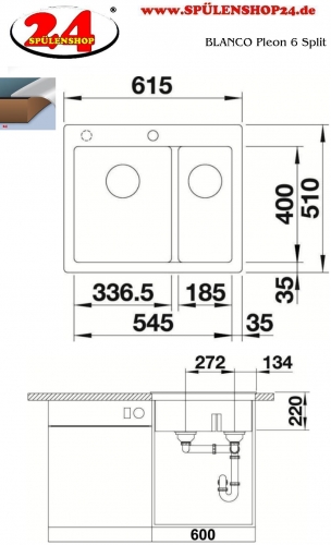 x BLANCO Kchensple Pleon 6 Split Silgranit PuraDurII Granitsple / Einbausple Ablaufsystem InFino mit Drehknopfventil