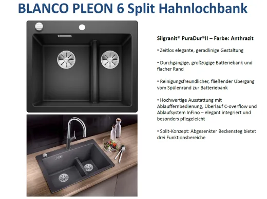 ❎ BLANCO Kchensple Pleon 6 Split Silgranit PuraDurII Granitsple / Einbausple Ablaufsystem InFino mit Drehknopfventil